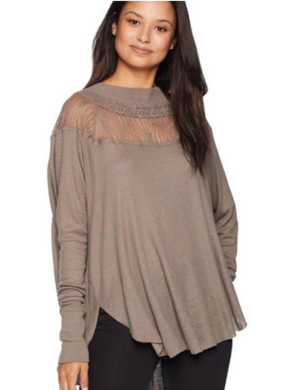 Free People Spring Valley Thermal Top in Taupe Sheer Crochet Lace Yoke, Sz L NWT